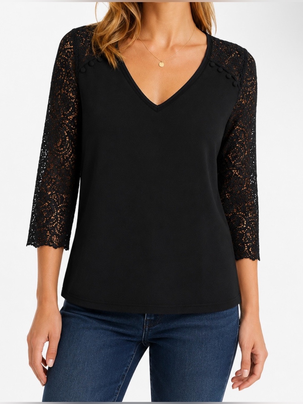 SEZANE Claudia Black Lace 3/4 Sleeve Top